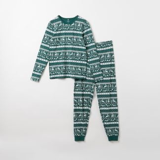 Aikusiten kaksiosainen joulukuviollinen pyjama tummanvihreä